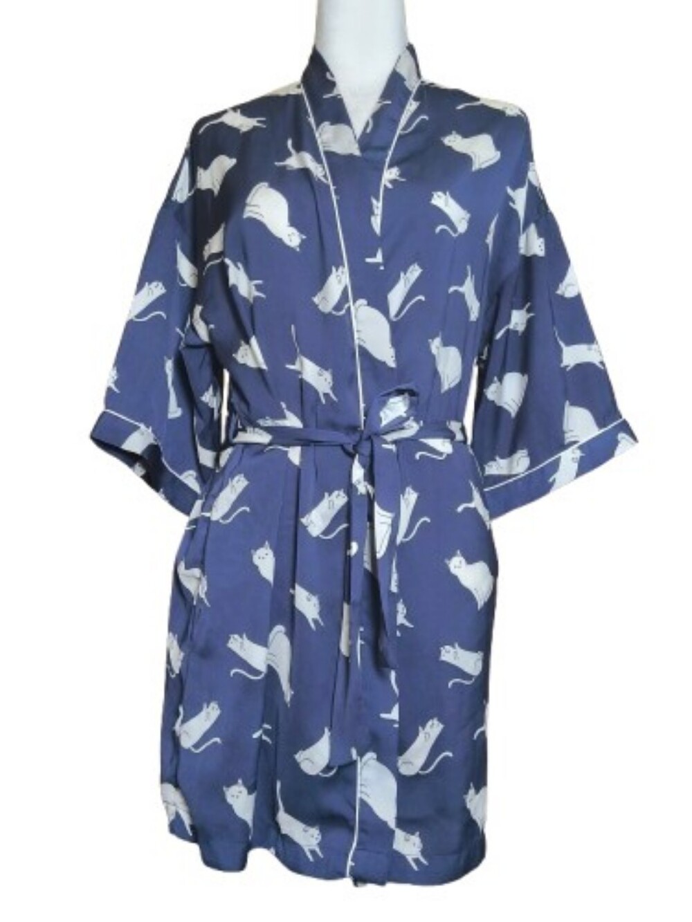 Forever 21 Blue Cat Print Satin Kimono Robe Belted Size S